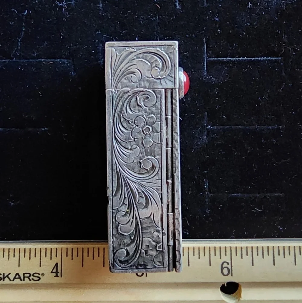 Antique Art Deco Lipstick Holder Sterling Silver/Coral Cabachon Damaged Mirror